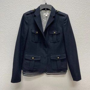 Ann Taylor Loft Size 10 Navy Blue Mesh Trim Jacket Blazer Wool Blend
